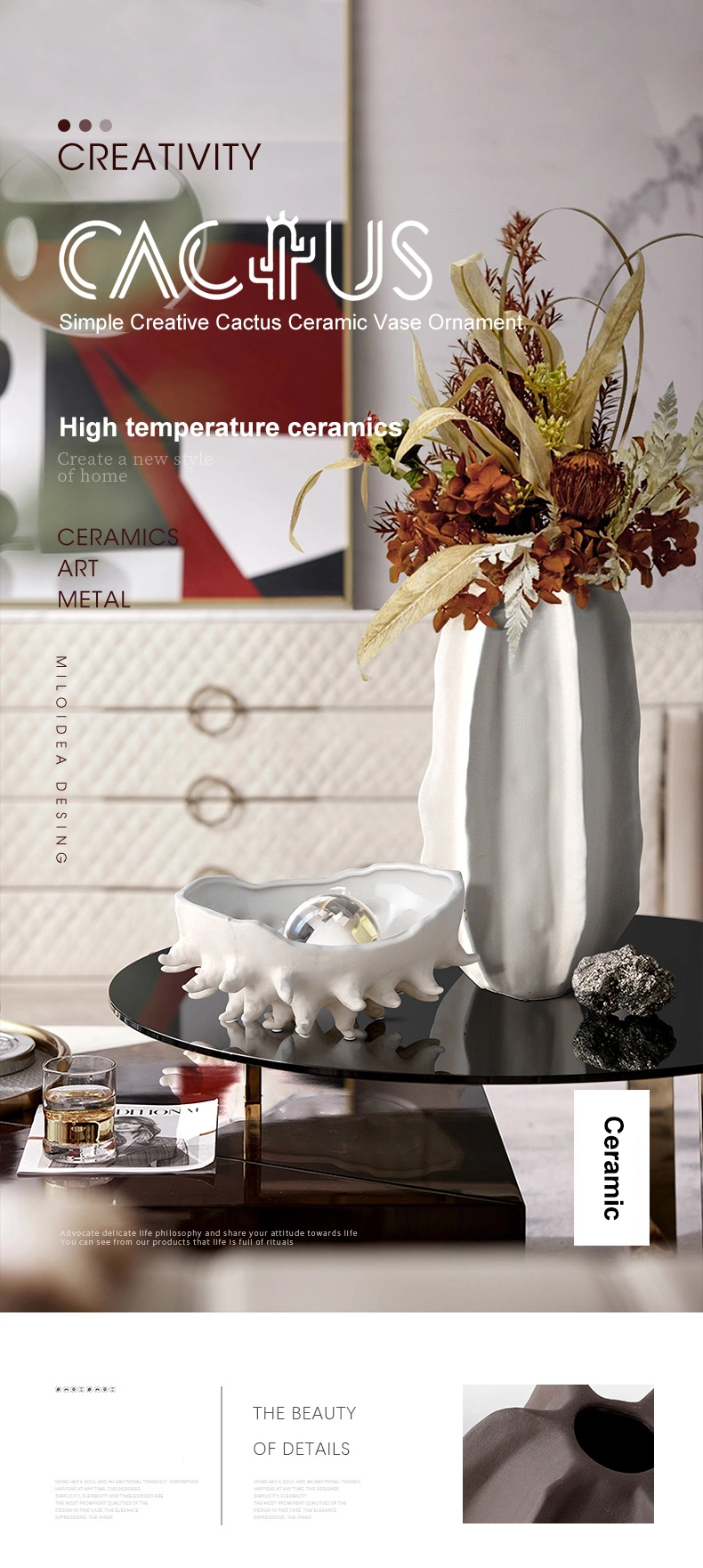 Modern Home Decor Dining Table Showpiece Ceramic Vase Sea Urchin Fruit Plate Cactus Flower Pot