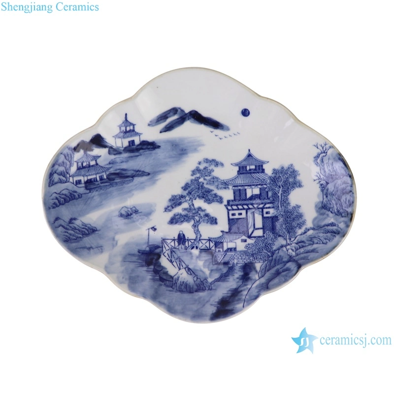 Jingdezhen Blue and White Porcelain Landscape Pattern Flower Oval Shape High Foot Ceramic Fruit Plate