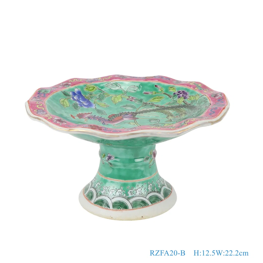 Chinese Handmade Famille Rose Phoenix Pony Flower Ceramic Fruit Plate with Stand
