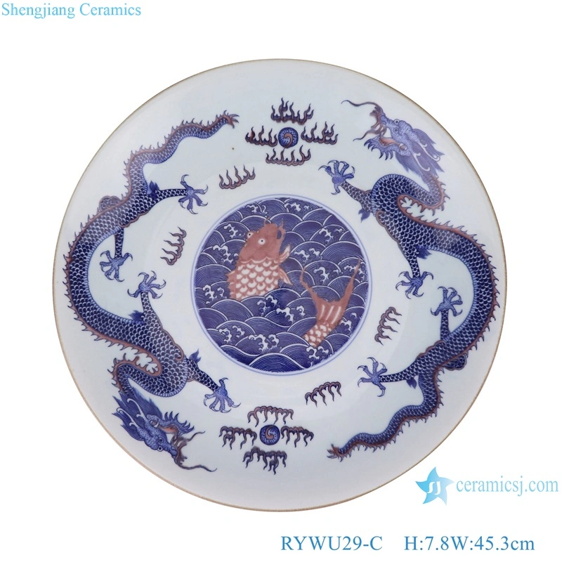 Blue and White Underglaze Red Handpainted Landscape, Dragon, Phoenix Flower and Bird Pattern Home Decorative Plate
