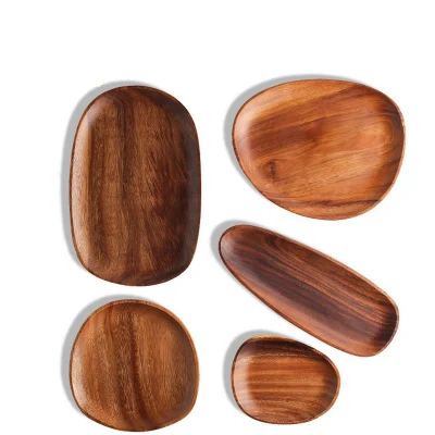 Household Kitchen Items Accessories Wooden Serving Plate Set Acacia Wood Irregular Shaped Dish and Plate